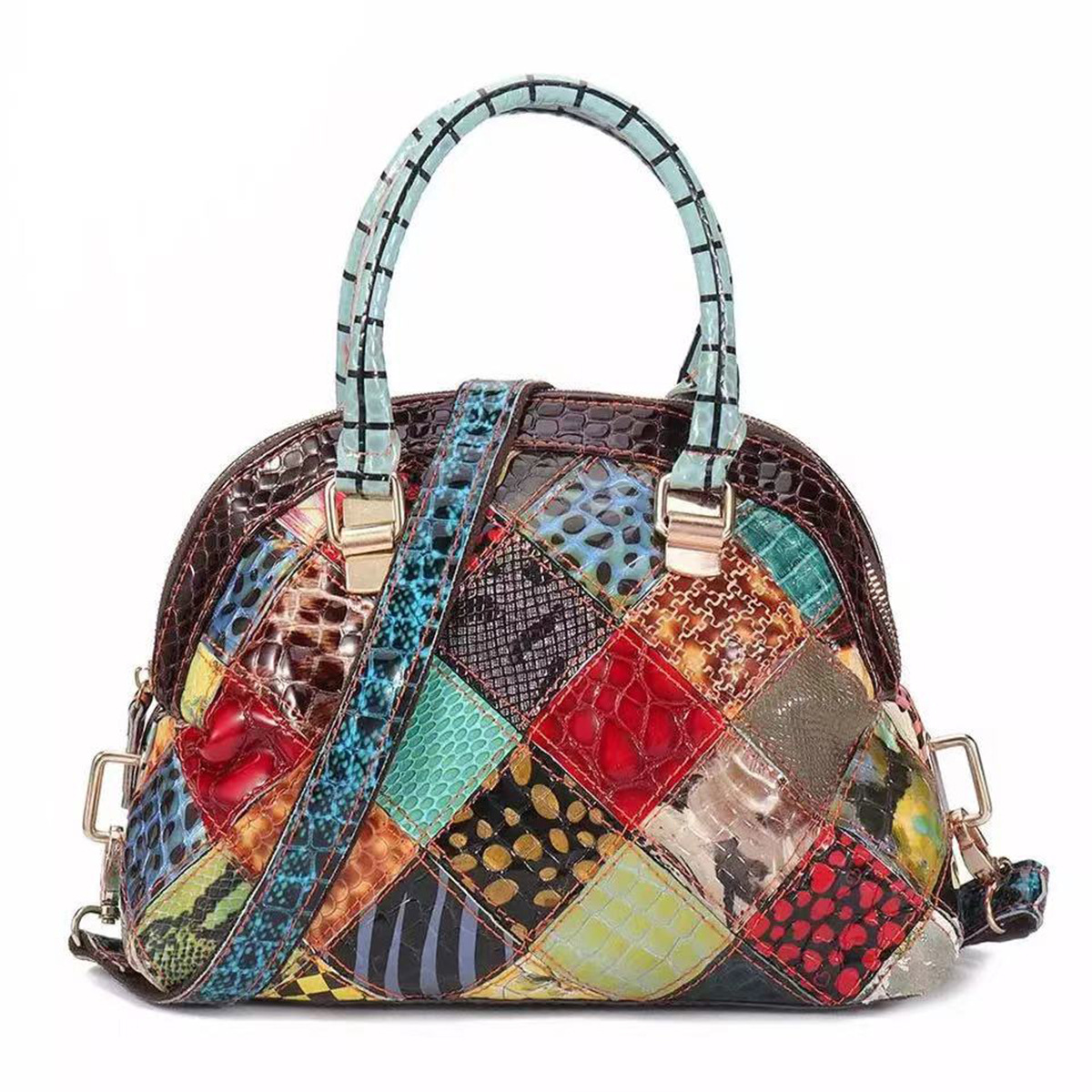 New Bohemian Style Maillard Vintage Fashion Distinctive Leather Cowhide Handbag Color Contrast Crossbody Shell Bag