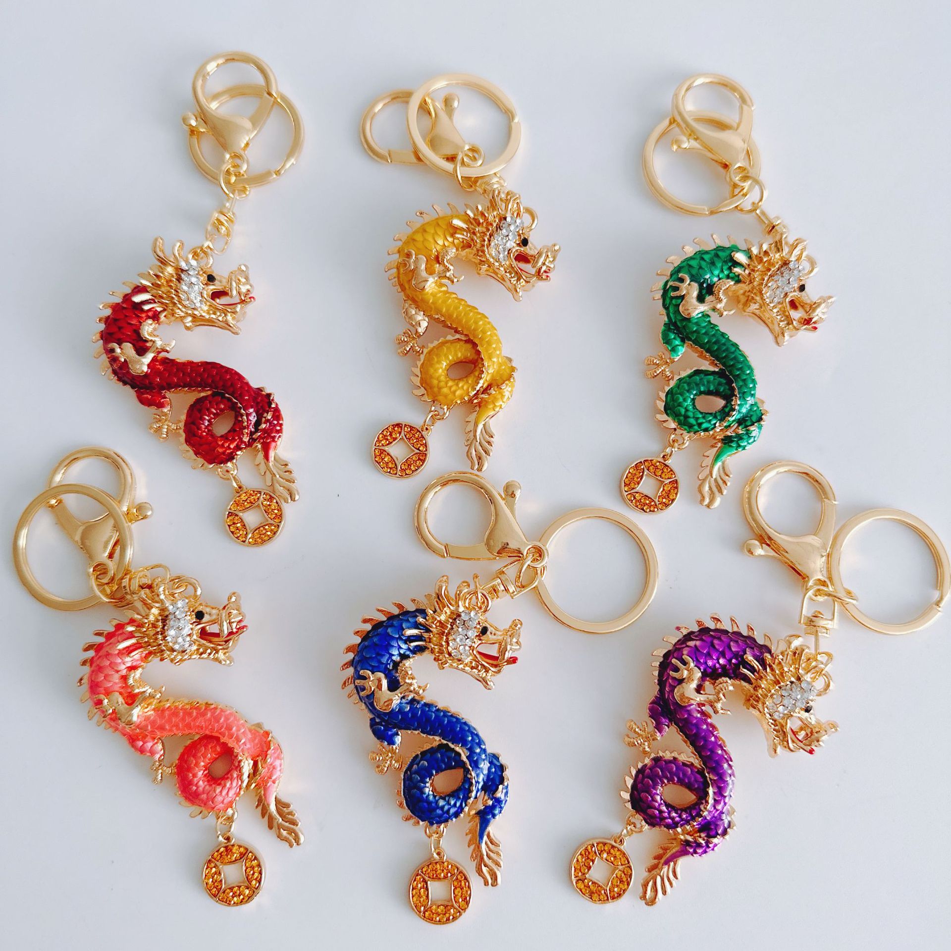 Zodiac Cartoon Cute Alloy Rhinestone Dripping Oil Lucky Dragon Keychain National Wind Animal Year Pendant Gift