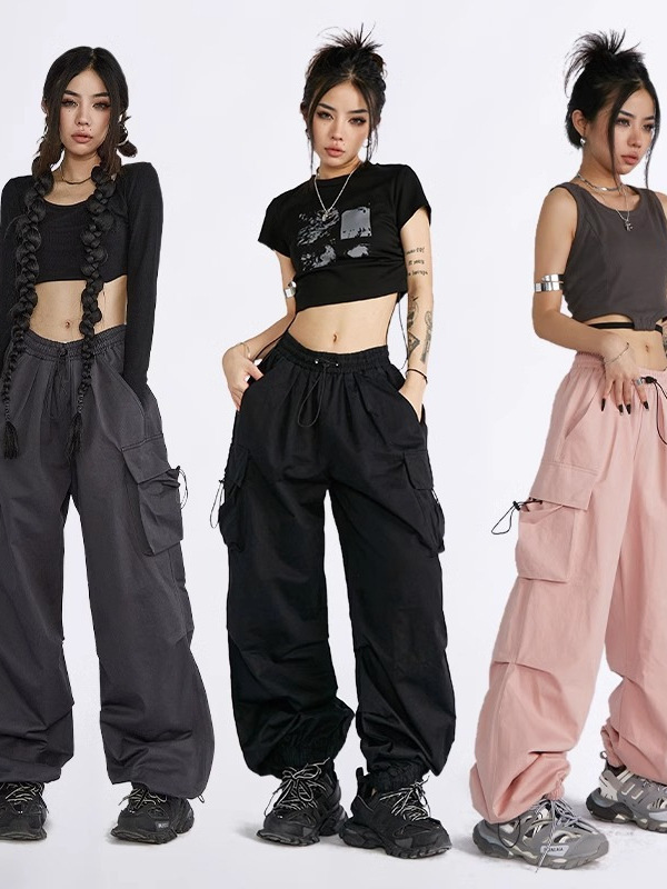 American Style High Street Drawstring Overalls Trendy High Waist Loose All-match Straight Pants Casual Wide Leg Pants for Women
