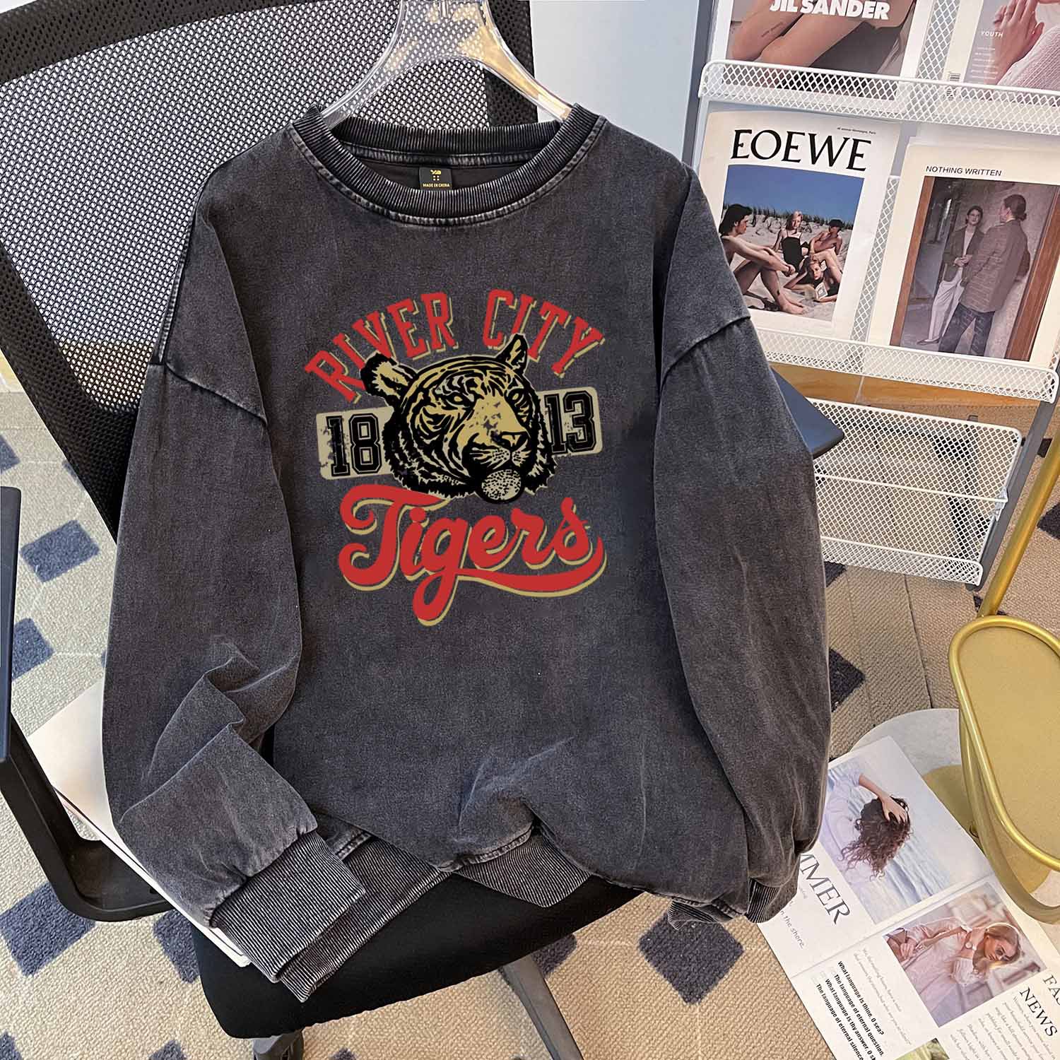 American Style Trendy Brand Washed Old Loose Round Neck Sweater Niche Washed Vintage Pure Cotton Chinese Cotton Composite Batik Top