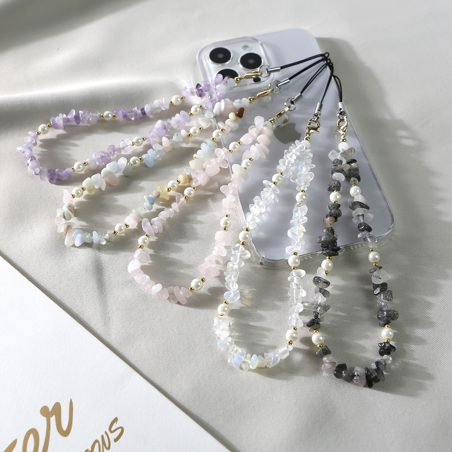 Natural gravel beaded mobile phone chain new pearl fashion cross-border Amazon crystal agate stone mobile phone lanyard