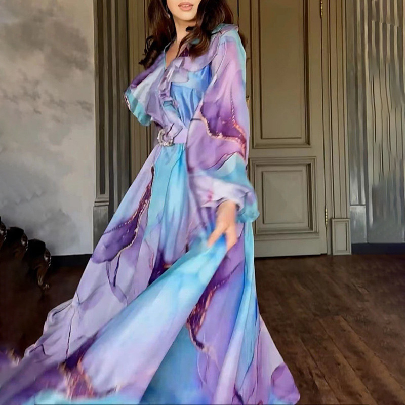 [Paris Show] Four Seasons High-end Large Lapel Lotus Leaf with dress Retro Printed Court Women's dress