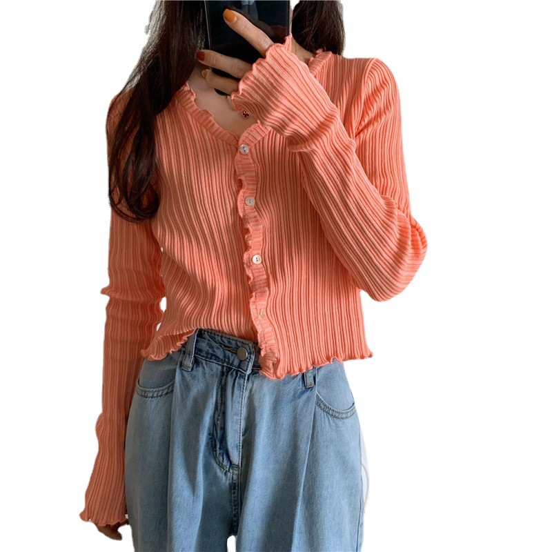 Picture of New Korean-style short bm thin top long-sleeved sweater women's purple V-neck slim-fit sunscreen cardigan Ice Silk