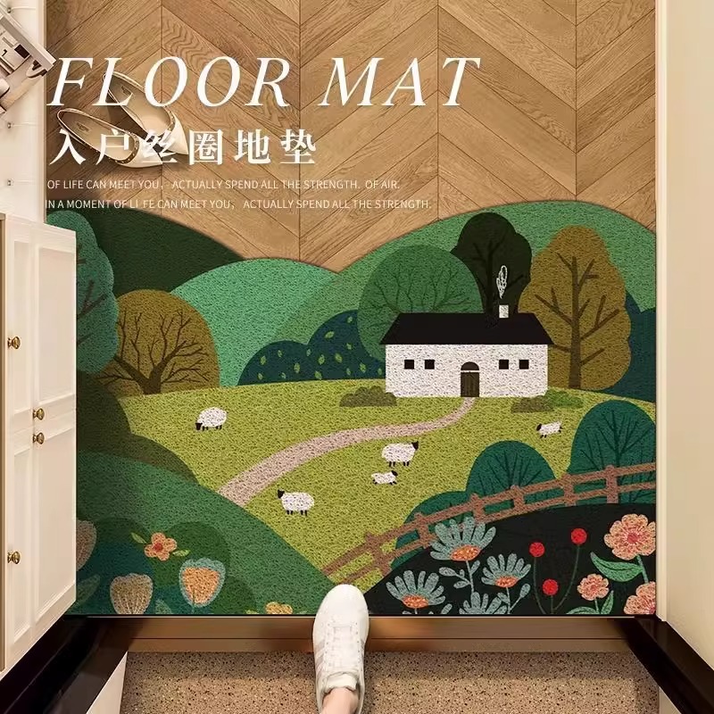 Ins Green Silk Ring Floor Mat Entrance Door Mat Dirt-Resistant Wear-Resistant Foot Mat for Entrance Mud Scraping and Soil Scraping Anti-Slip Mat