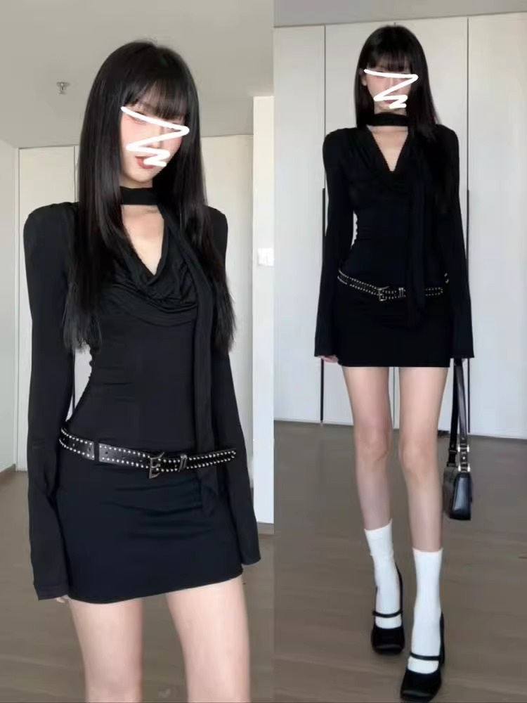 Spice Girls Black Swing Collar Long-sleeved dress Women's Autumn Slim-fit Royal Sister Skirt Elegant Tight-fit Waist Hip Skirt