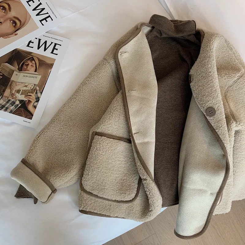 Cross-Border round neck lamb wool coat for women autumn and winter New Korean style loose thick lamb wool Chanel style top fashion