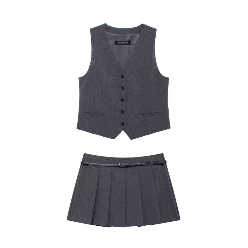2024 Women's Autumn and Winter European and American Style Dark Gray Single-Breasted Vest + Low-Waist Pleated Belt Culottes