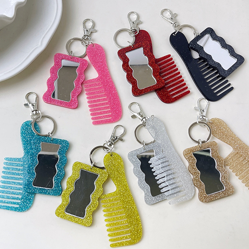 New Fresh Style Glitter Comb Makeup Mirror Keychain Pendant Amazon DIY Bag Accessory