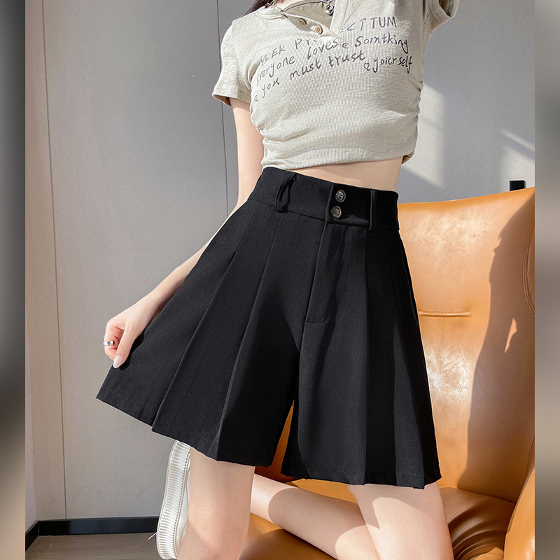 Pleated Skirt Suit Belly Shorts Women's 2024 New High Waist A- Line Casual Bottoming Outer Wear Wide Leg Hot Pants Thin