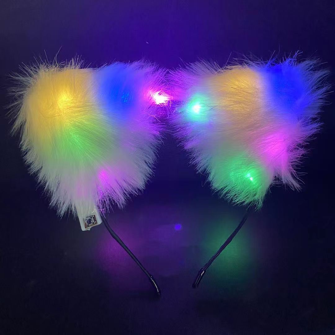 Picture of New 14 lights fox fur lengthened rabbit ears hairband luminous feather wreath night market ground push flash headdress gift