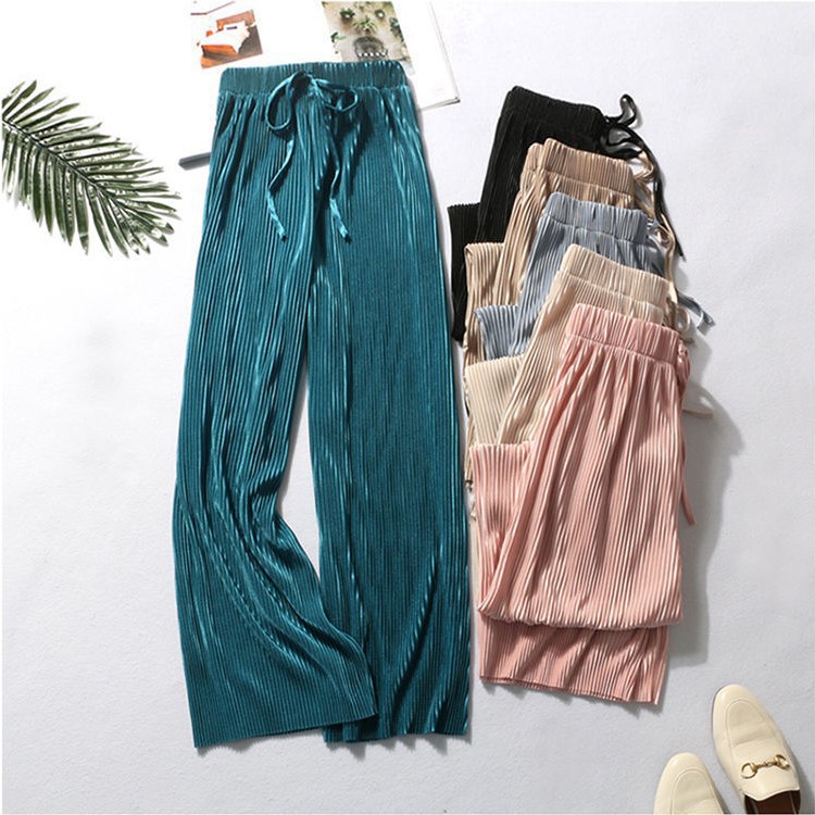 Wide leg pants women's high waist solid color ice silk women's pants new elastic band pleated slim wide leg pants women's summer wholesale