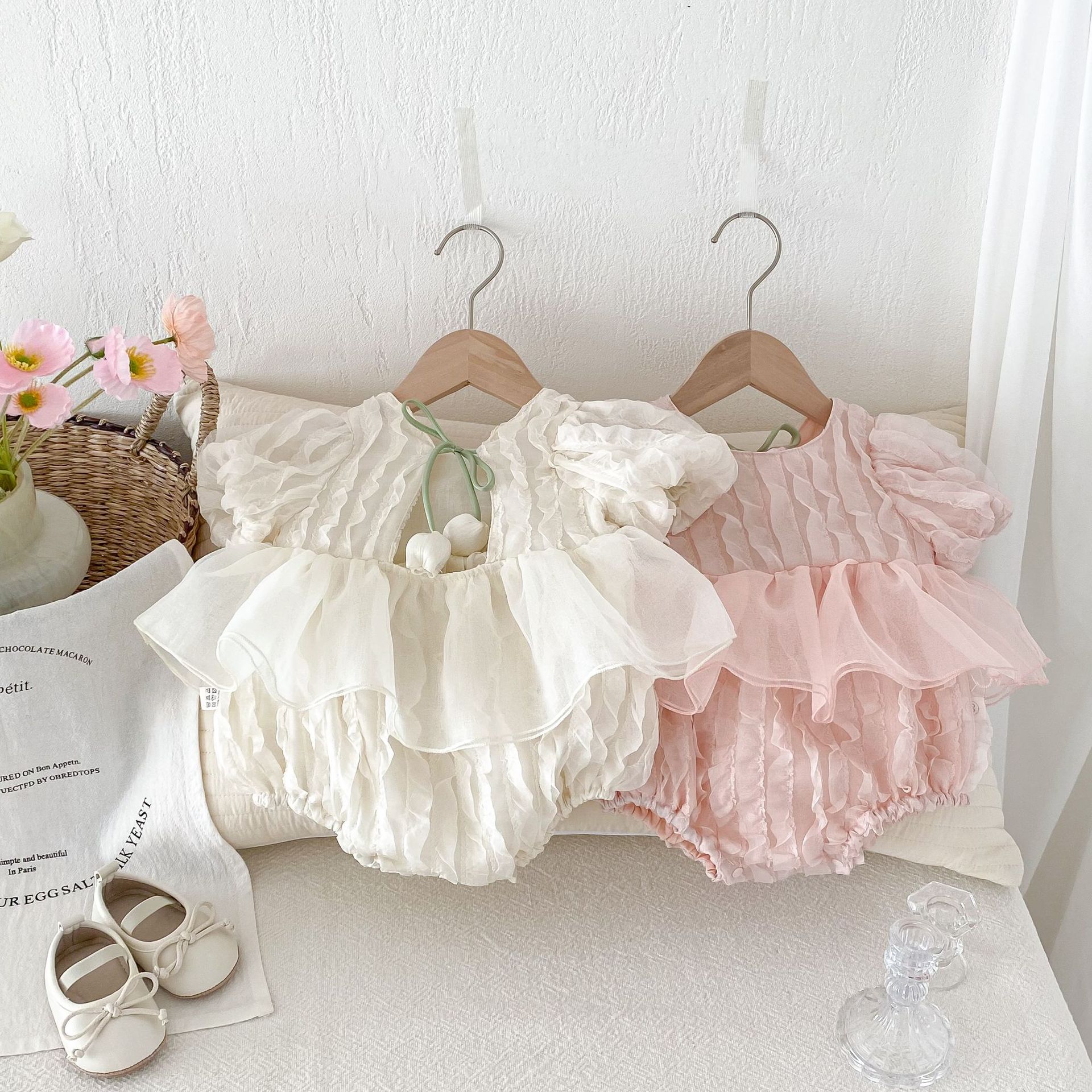 Picture of Ins Summer New Puff Sleeve Short-sleeved Body Clothes Baby Girl Sweet Cute Backless Lace Hare Dress