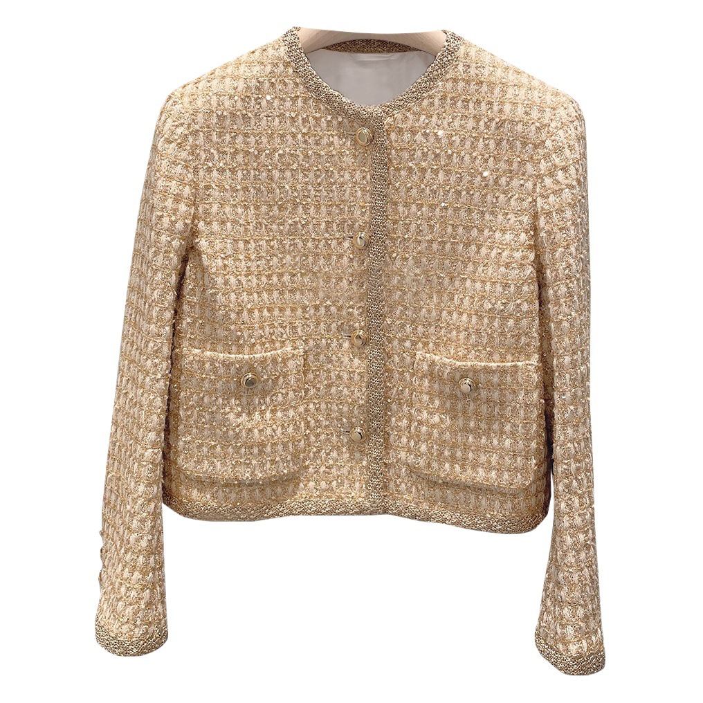 Miu Style Bright Silk Gold Short Suit Jacket Braided Stitching Slim Fit Top Female Socialite Design Sense Cardigan Winter