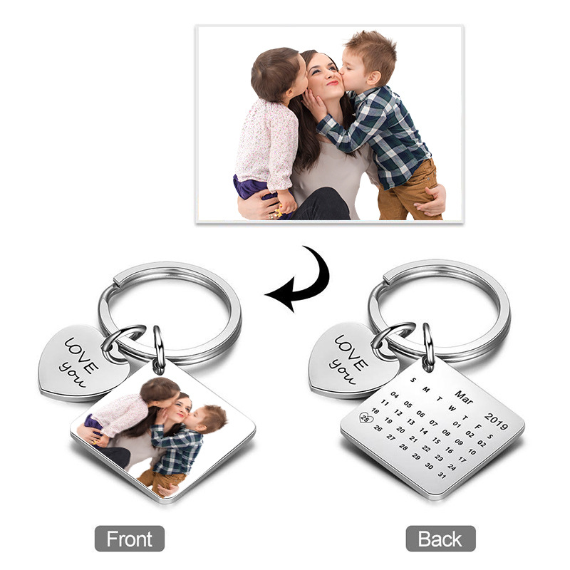 Amazon Cross-Border Engraved Color-Printed Keychain DIY Photo Calendar Mother's Day Stainless Steel Laser Bow