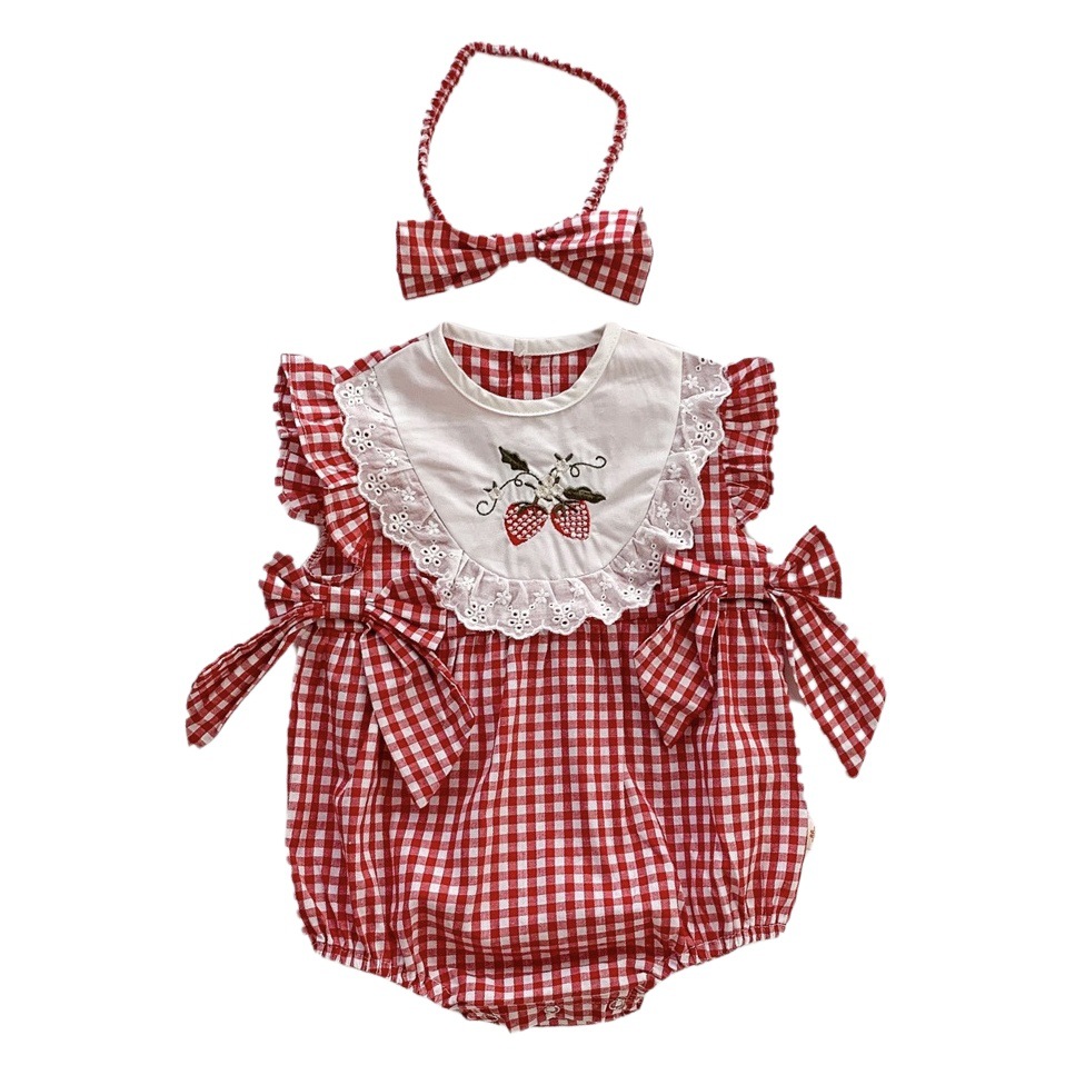 Picture of Infant Summer New Red Plaid Thin Embroidered Lace Cotton Triangle Hami Clothes for Baby Girl's one-piece climbing suit
