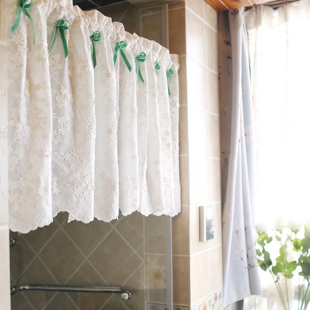 Picture of Nordic American Style British White Flower Embroidered Half Curtain Wearing Rod Curtain Mantle Head Cabinet Door Curtain Punch-free Cabinet Curtain Curtain