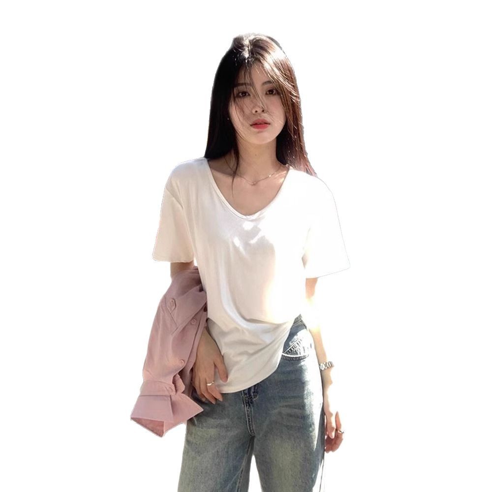 Picture of White V-neck Short-sleeved T-shirt Women's Summer 2025 New Loose Solid Color Base Shirt with Spice Girl Student's Top Trendy