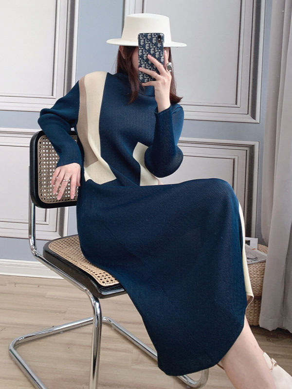 Pleated Dress Women's Long-Sleeved Autumn New Bottoming Skirt Fashionable Contrasting Color High Elastic Hip-Covering Long Skirt One-Step Skirt