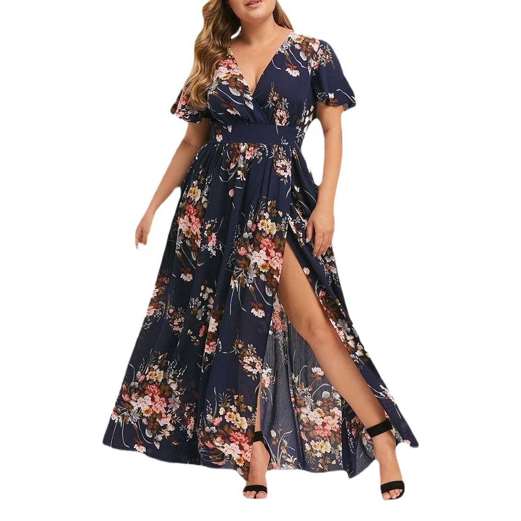 2024 European and American Cross-Border Dress Summer New Plus Size Women's Printed Hem Slit Printed Short-Sleeved Dress
