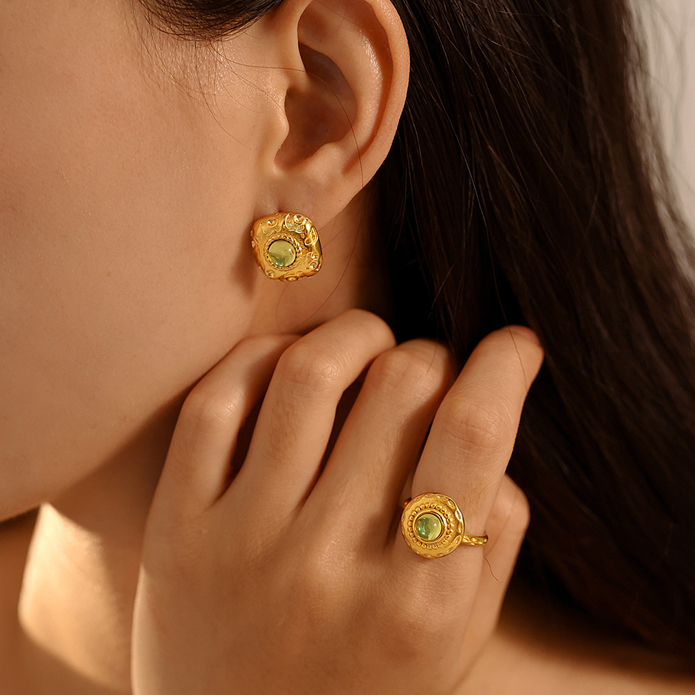 French Retro Square Thread Green Glass Earrings Court Style Opening Ring suit Titanium Steel PVD Plated 18K True Gold