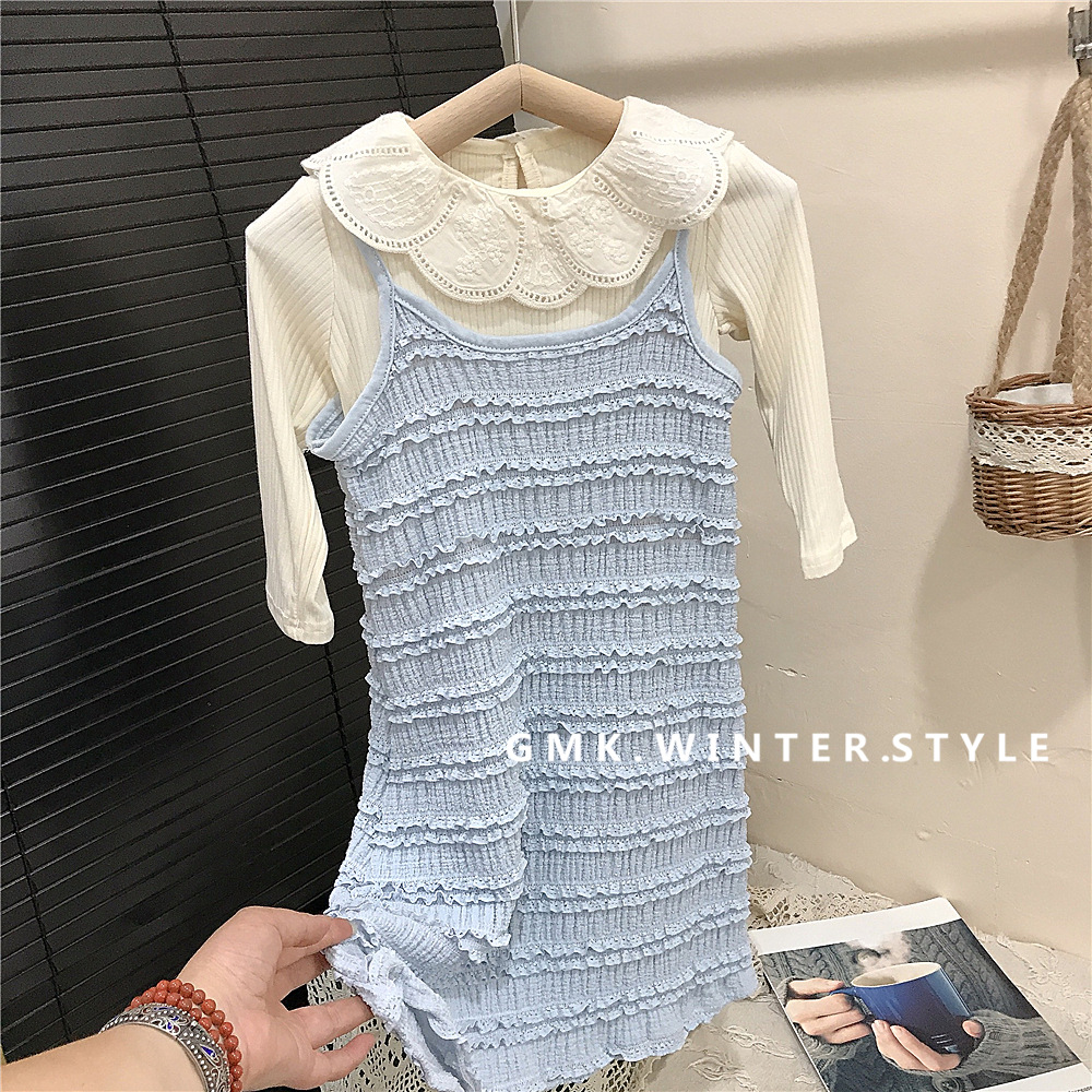 South Korea children's clothing girls suit autumn new baby girl gentle lace collar base shirt two-piece skirt