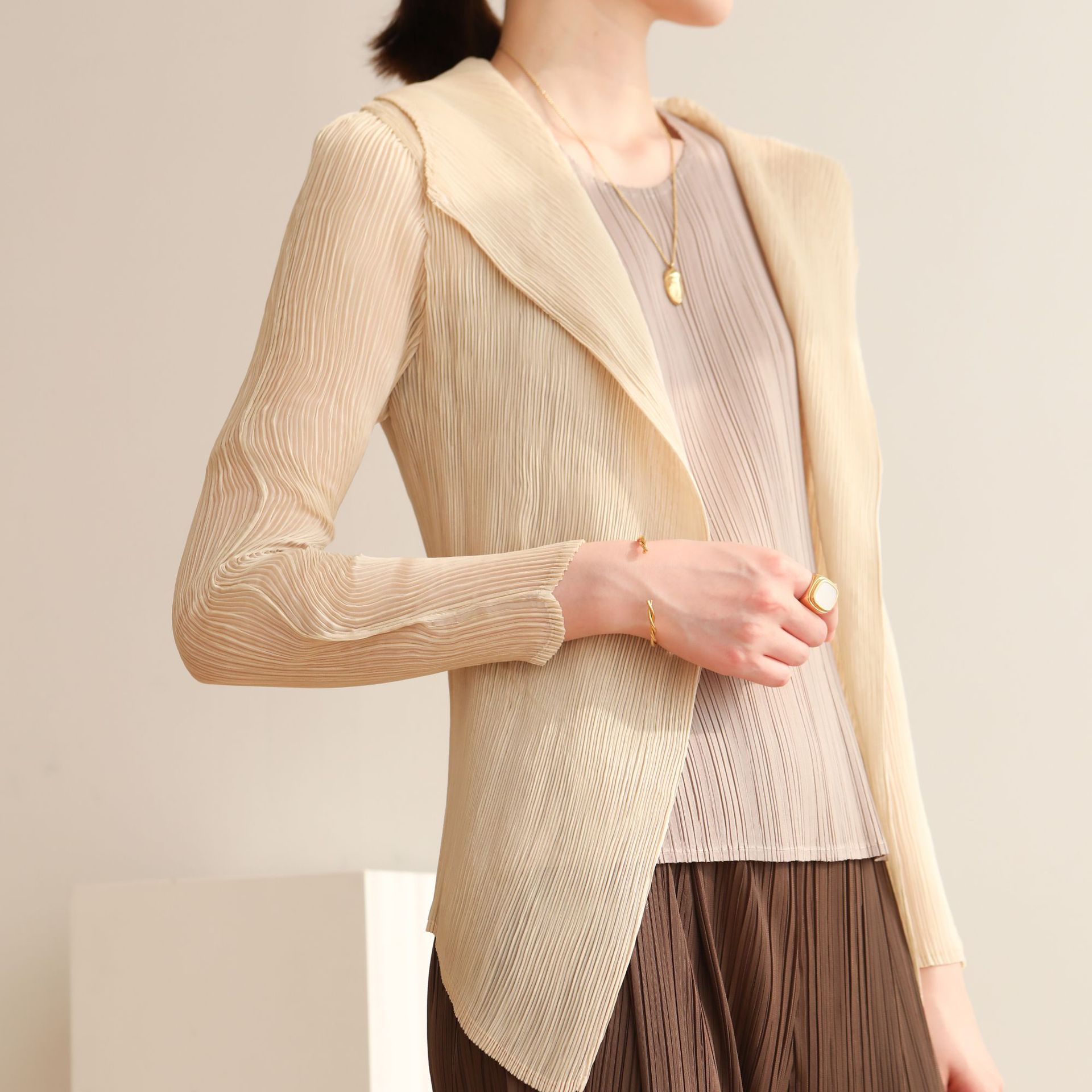 Picture of Counter Quality 2024 Miyake High-end Pleated Mesh Shirt Ultra-thin Elegant Solid Color Sun Protection Shade Women's Pleats