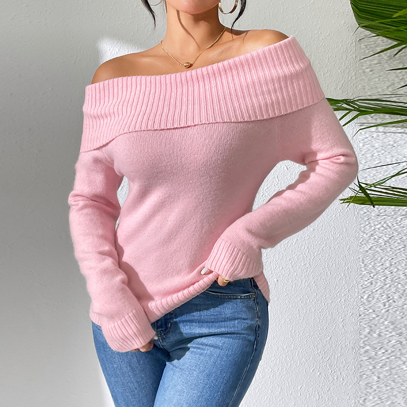 Cross-border Women's Slim-fit Lar off-shoulder Sweater Sexy off-shoulder European and American Knitted Sweater Solid Color Base Knitted Sweater
