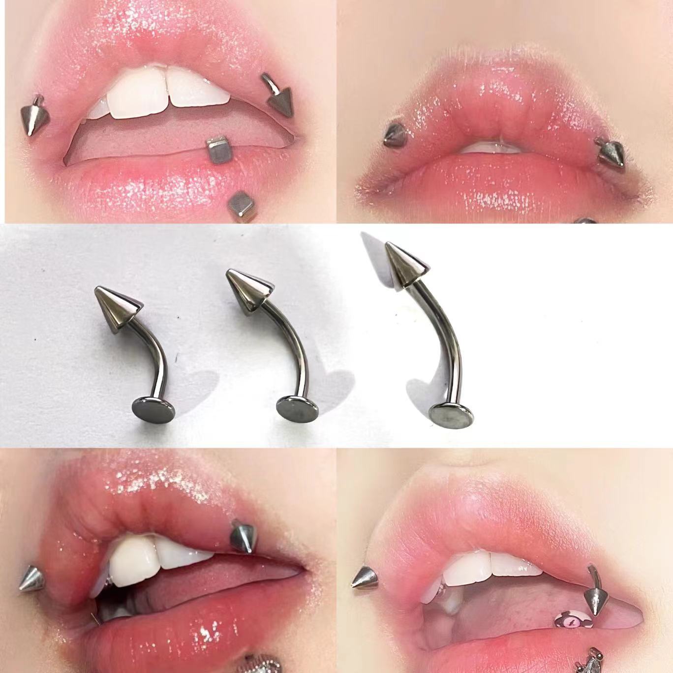 Titanium Steel Stainless Steel Curved Barbell Lip Studs Tiger Tooth Studs External Teeth Cute Niche European and American Cross-Border Wholesale Piercing Jewelry