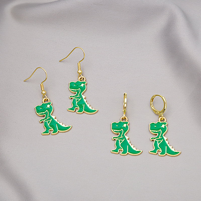 Japanese and Korean Style Cartoon Cute Summer Cool Green Dinosaur Earrings Internet Celebrant Personality All-match Design Sense Animal Ear Buckle