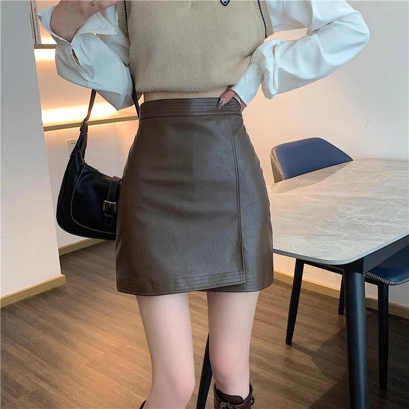 Irregular Pu Skirt Women's Autum Tight Sexy Skirt Large Size Slightly Fat mm Anti-Exposure Leather Skirt Hip-Covering Short Skirt