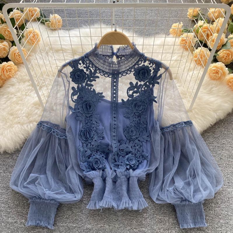 Design Sense Niche Three-dimensional Flower Collage Perspective Mesh Lantern Sleeve Slim-fit Short Top Women's Lace Base Shirt