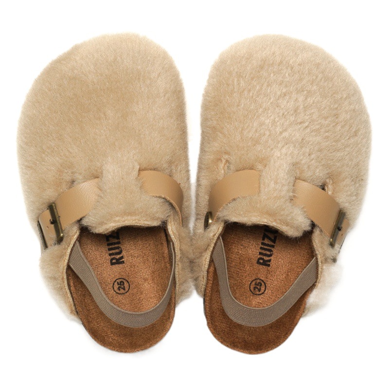 RUIZUSTOCK Autumn and Winter New Children's Cork Sandals and Slippers Outer Wear Boys and Girls Suede Rabbit Plush Warm Sandals