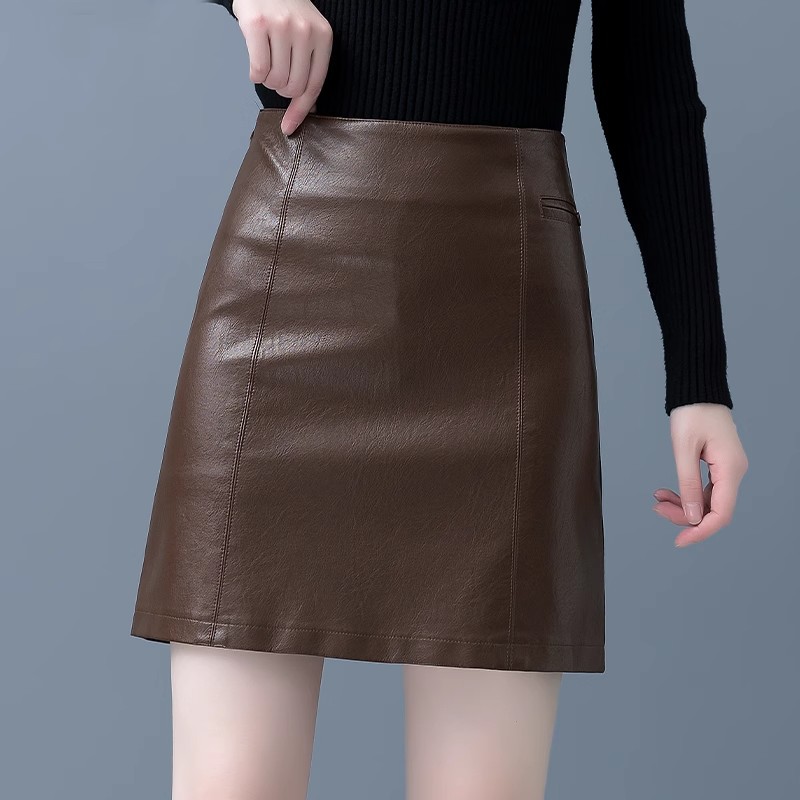 Brown leather skirt women's autumn and winter slimming A- line skirt 2023 new small pu sheath small leather skirt