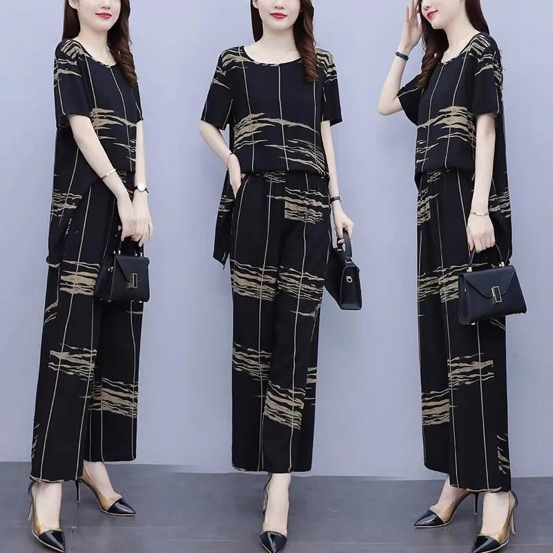 AliExpress Summer Mother's Large Size Loose Slimming Suit Women's Cross-border Casual Sports Wide-leg Pants Two-piece Set for Women