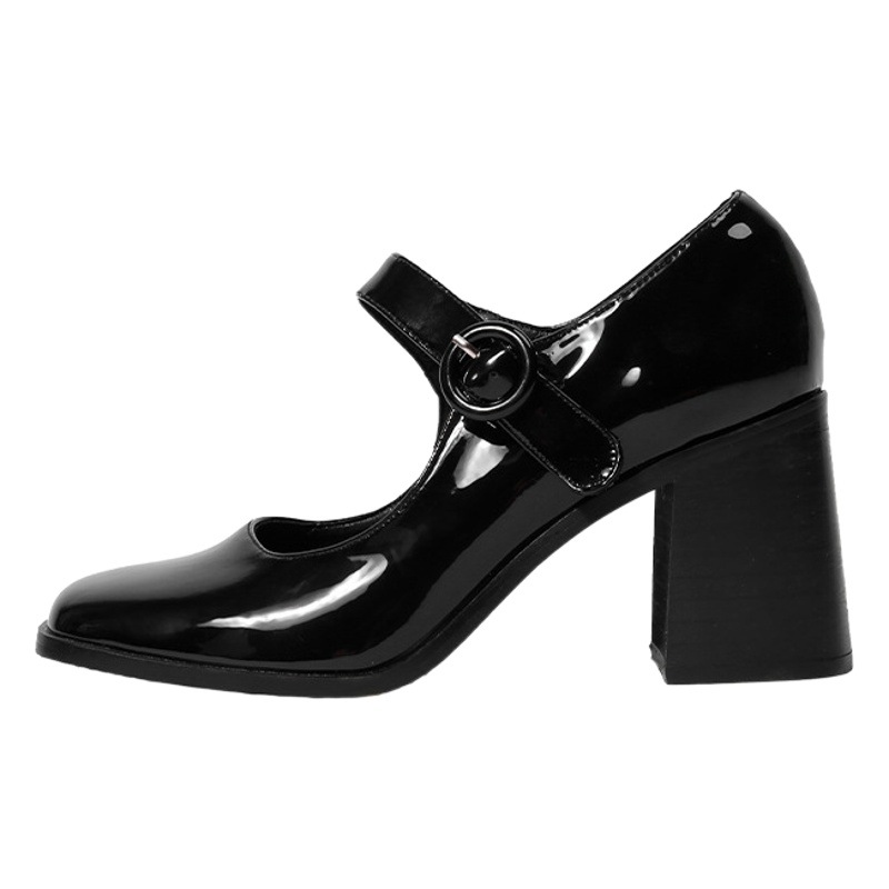 Mary Jane shoes women's retro British style Hepburn black high heel buckle chunky heel square toe single-layer shoes women