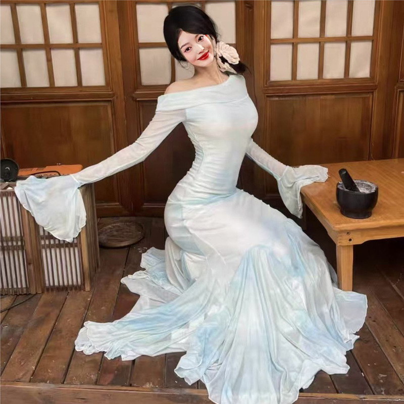 Picture of Fat girl feels beautiful plus size micro fat girl water color shoulder horn sleeve dress new sexy hip fish skirt