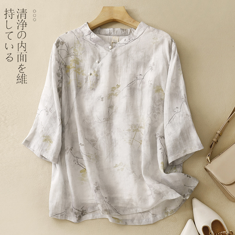 Real Shot of 2025 Summer Chinoiserie Women's Stand Collar Printed Retro Ethnic Style Cotton and Linen Shirt