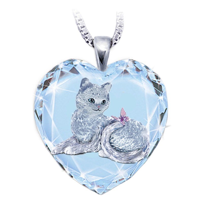 Weihang cross-border new crystal heart-shaped cute kitten butterfly pendant necklace animal necklace