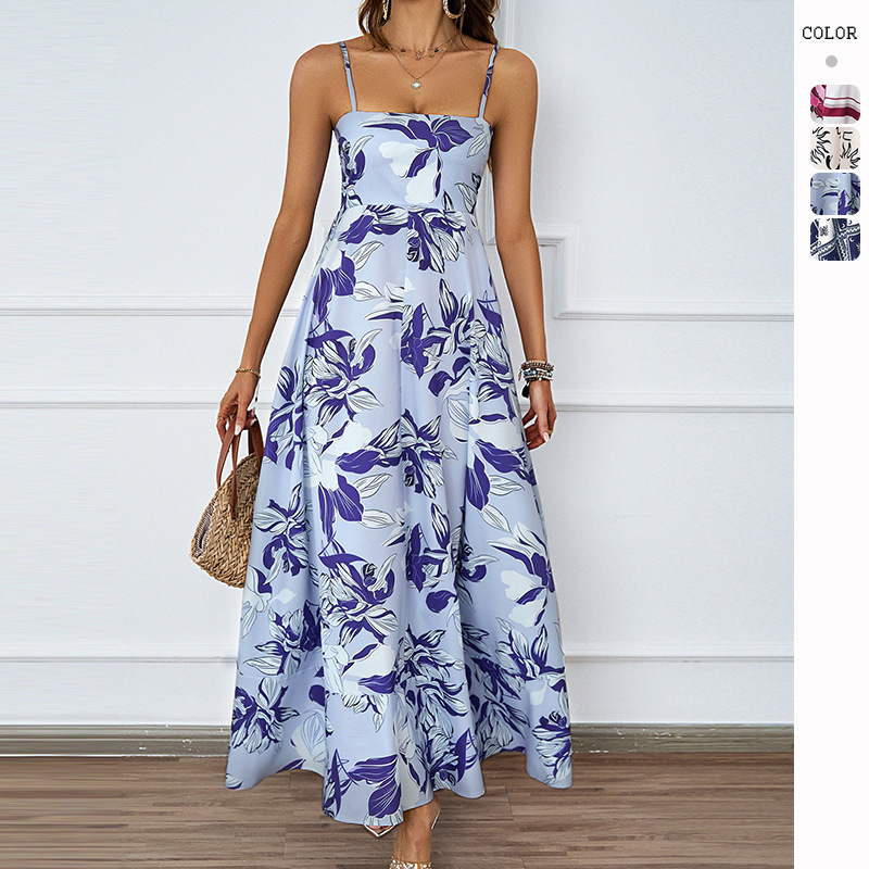 2024 Amazon European and American Cross-border Summer Floral Printed Backless Sling Sexy High Waist A- line Skirt dress Women
