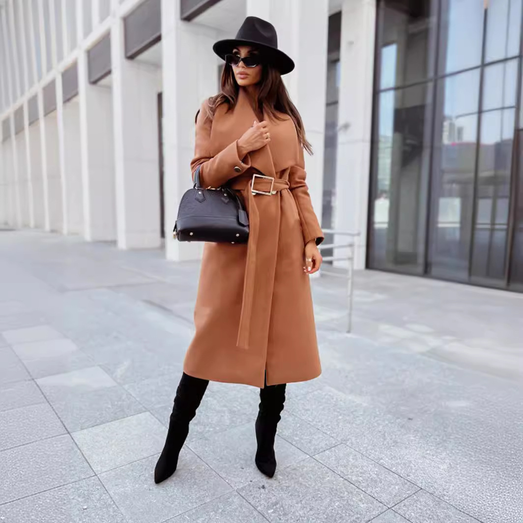 Picture of 2022 independent station wish Amazon new autumn and winter simple long sleeve button v collar strap wool coat women's clothing