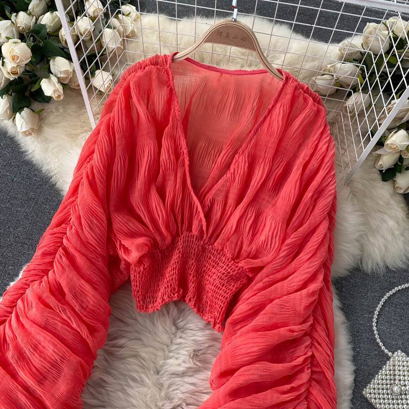 Picture of 2025 New Korean Style Pleated Short Puff Sleeve Chiffon Shirt Summer Versatile Outer Collar Temperament Short Top