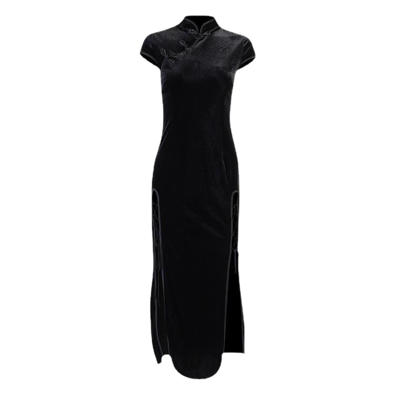 Wholesale Pure Black Retro National Style Cheongsam Women Ins Summer 2025 New Slit Elegant Slim and Beautiful Dress