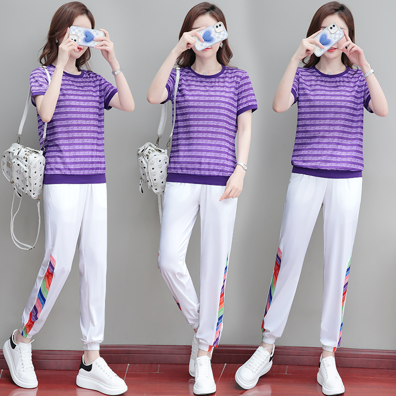 Picture of Ice Line Quick-drying Stretch Vertical Fashion Casual Sports Suit Women's Summer Thin Mesh Breathable Striped T-shirt Trendy