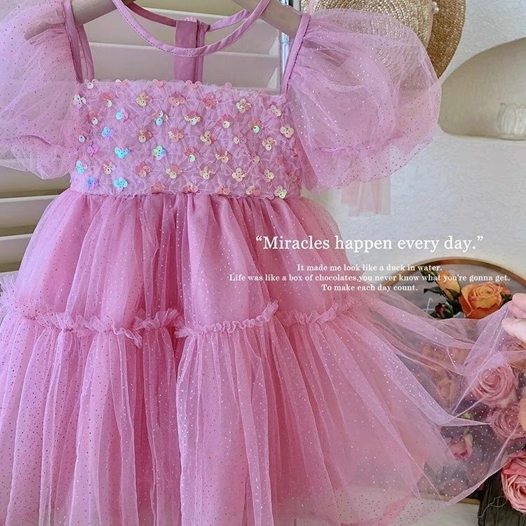 Picture of Girls' summer dress new western style children's summer dress baby girls' fluffy gauze dress girls' fashion pink dress