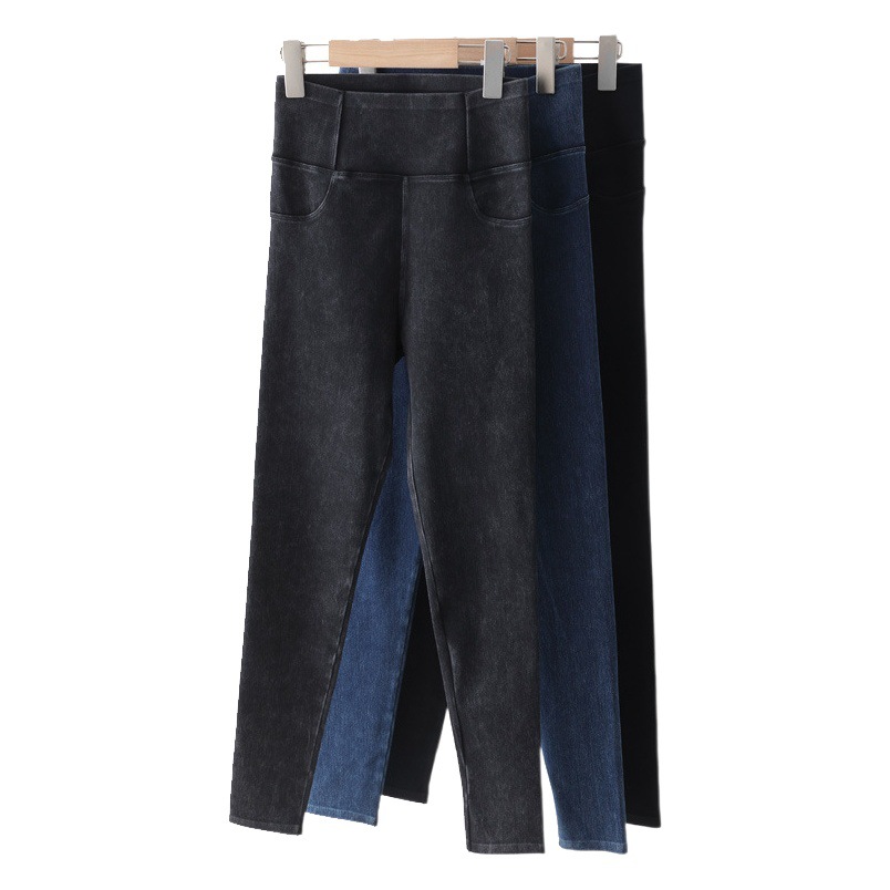 Denim Yoga Pants for Women in Autumn and Winter New High-Waisted Slim Black Pants for Outer Wear Tight Elastic Belly-Control Leggings