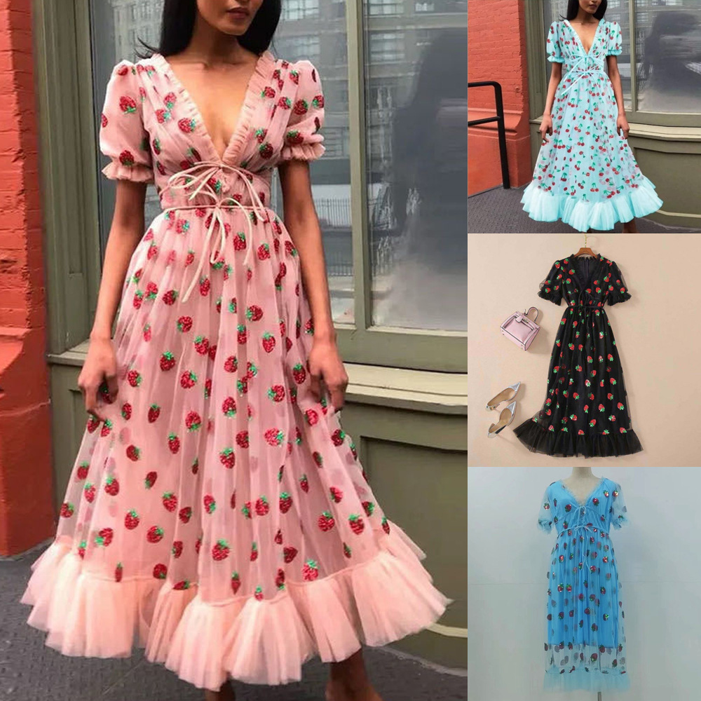 Cross Border Dress French Strawberry Four Color Sequins Sweet Long Skirt Mesh Bandage Slim Fashion Dress