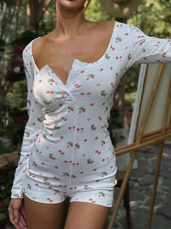 Picture of Amazon Cross-border European and American Women's Spring New Floral Printed Button Half-open Collar Slim Spice Girl Jumpsuit Shorts