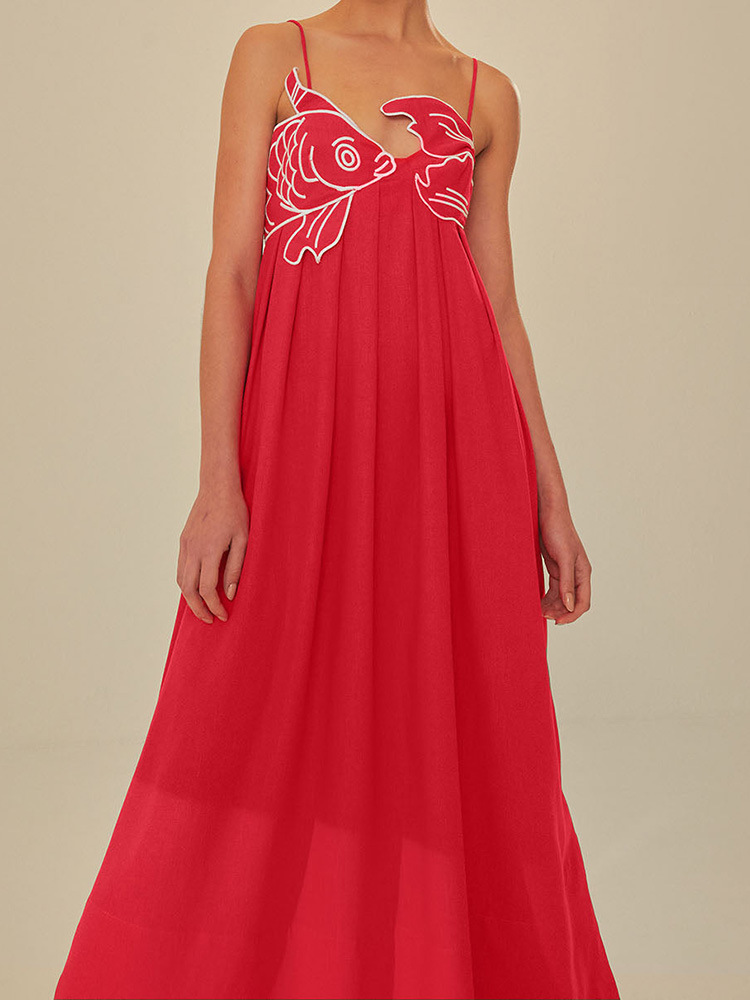 Europe and the United States cross-border design sense fish-shaped three-dimensional embroidery tube breast pleated red sling dress spring and summer 2024 new