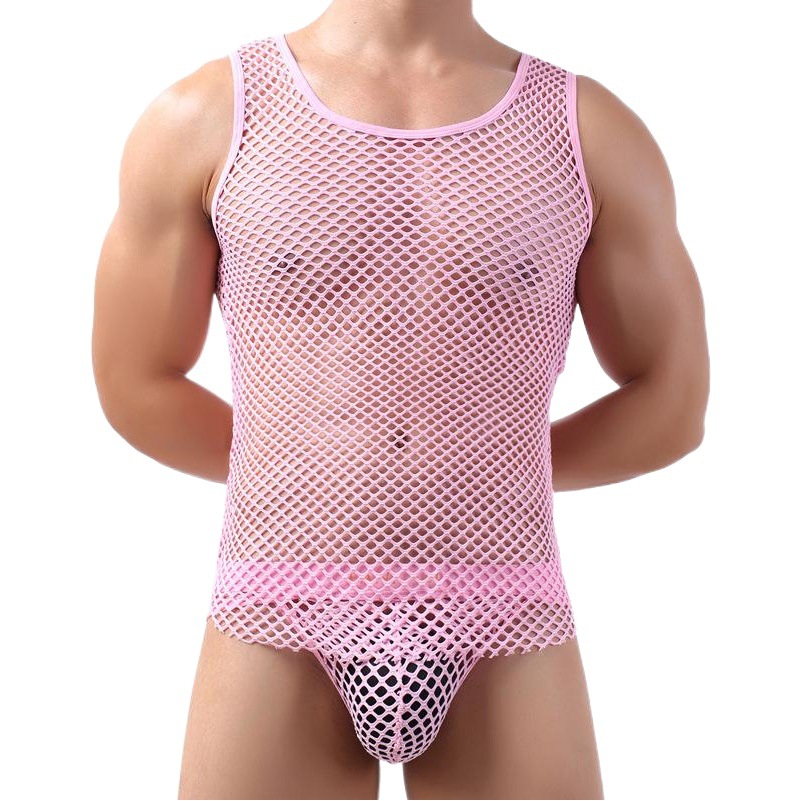 Foreign trade Men's transparent I-shaped vest big mesh sexy coquettish fishing net hollow pajamas T-shirt men's pants