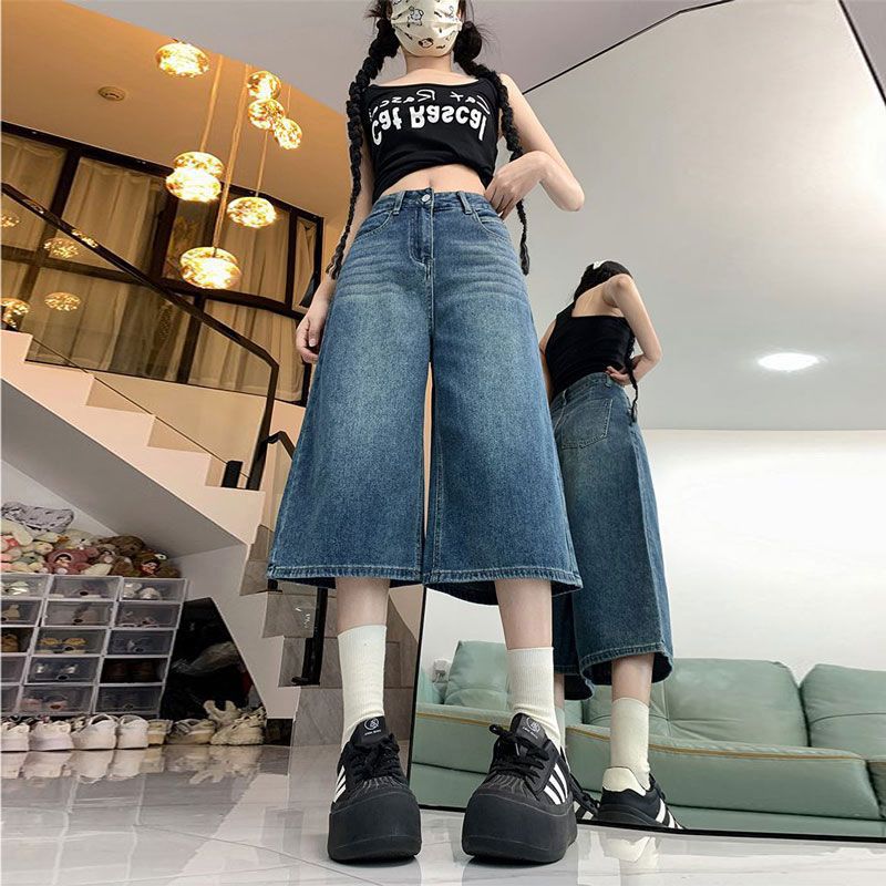 Women's Plus-Size Summer American-Style Loose Slimming Retro High-Waisted Denim Shorts for Curvy Figures, Straight Wide-Leg Mid-Length Shorts